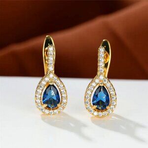 14K Gold Womens 2ct Blue Sapphire 1ct Diamond Hanging Drop Gemstone Earrings NEW